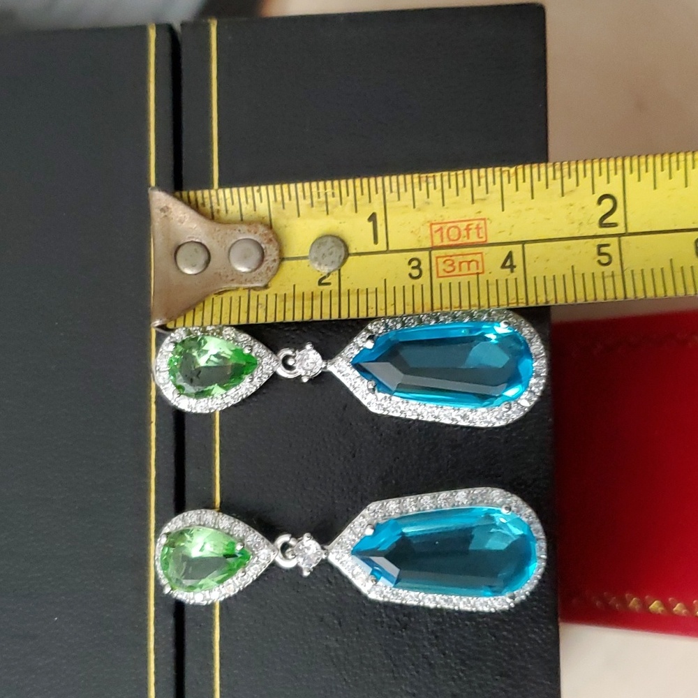 Sterling Silver 925 Aquamarine Peridot Dangle Earrings - Picture 5 of 12